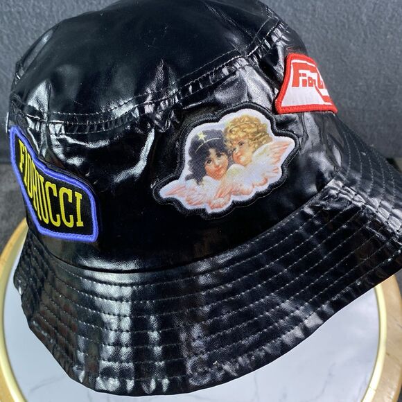 Fiorucci Black Vinyl Bucket Hat Multi Patch Angels Safety Jeans 90s Style Y2K main image 11